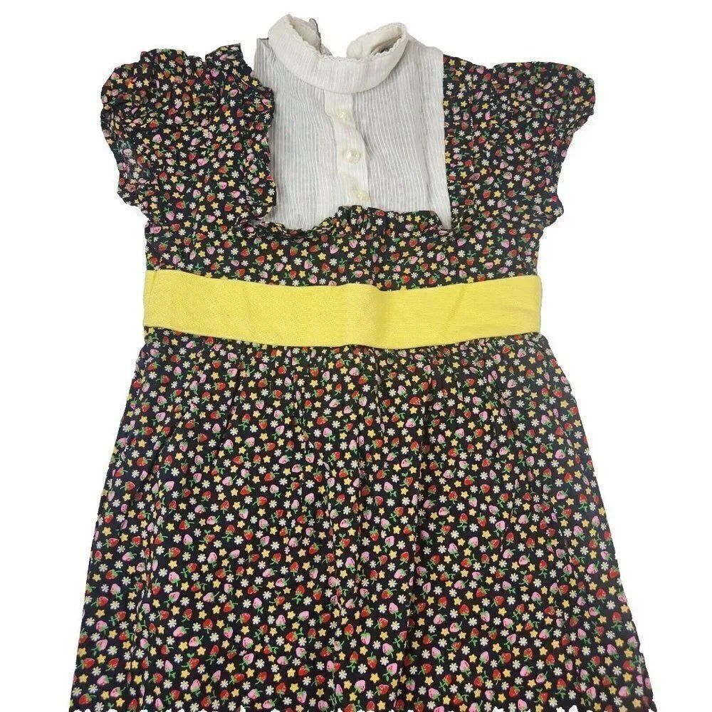 Vintage 70s Girls Size 6 Dress Maxi Prairie Hippy Hippie Floral Black Yellow
